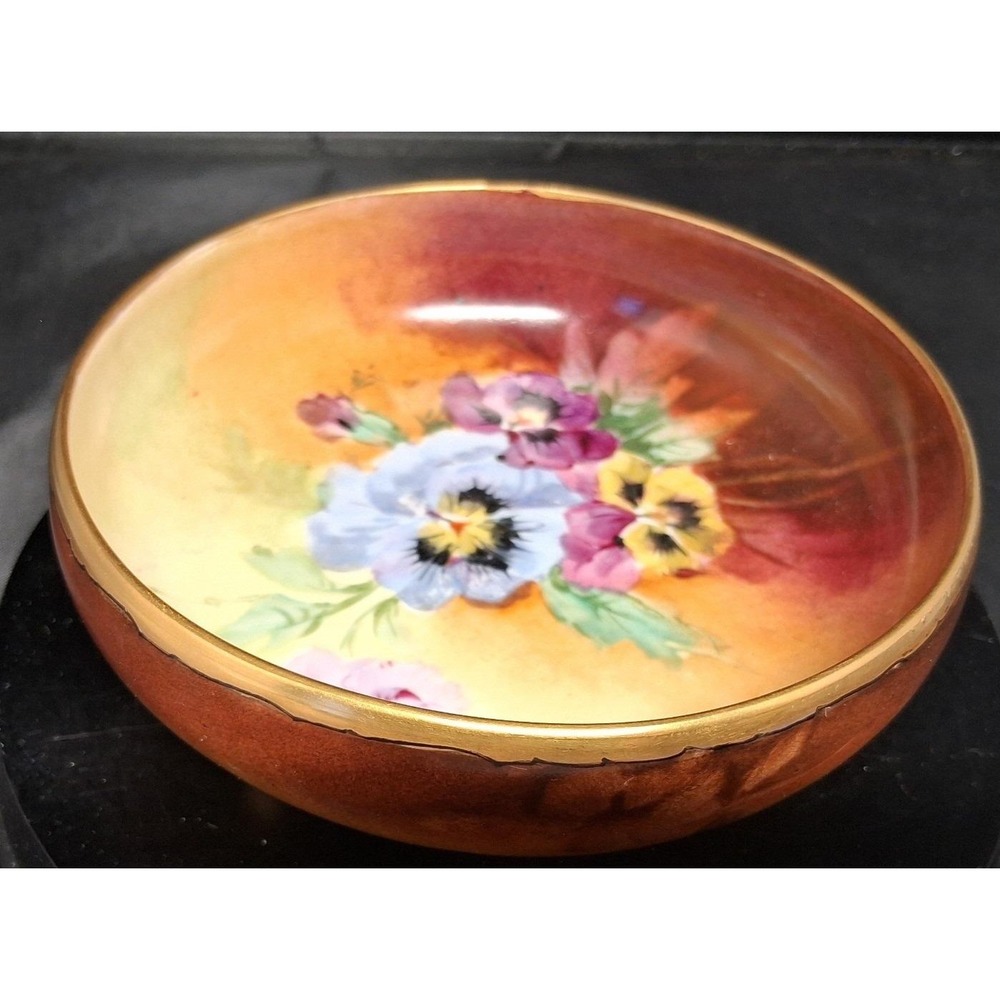 T&V Limoges France Hand Painted Pansy Footed Porcelain Bowl Gold Ball Feet 4.75"